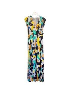 VTG Janette Art to Wear Whimsical Maxi Dress Women Sz S Colorful V Neck Stretchy